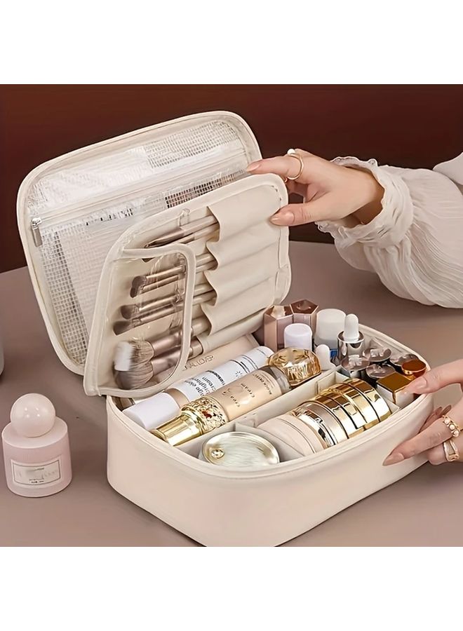Beige Large Capacity Detachable Makeup Bag Travel Cosmetic Organizer With Brush Pouch - Image 2